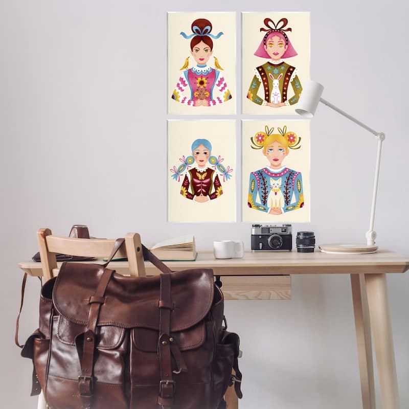 Stupell Floral Folk Women Portraits Wall Plaque Art Design By Hannah Moren (Set of 4)