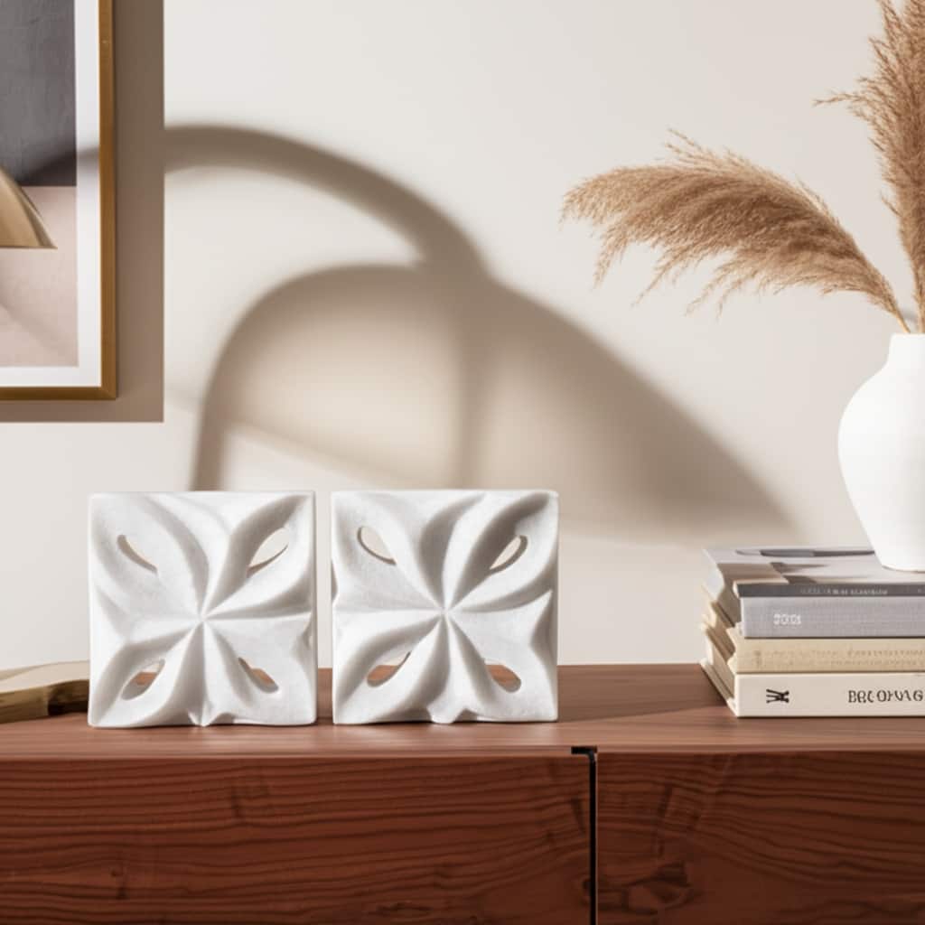 Resin Bookends Geometric Carved Design (Set of 2) - 12" White - 11.75" x 2.75" x 6"