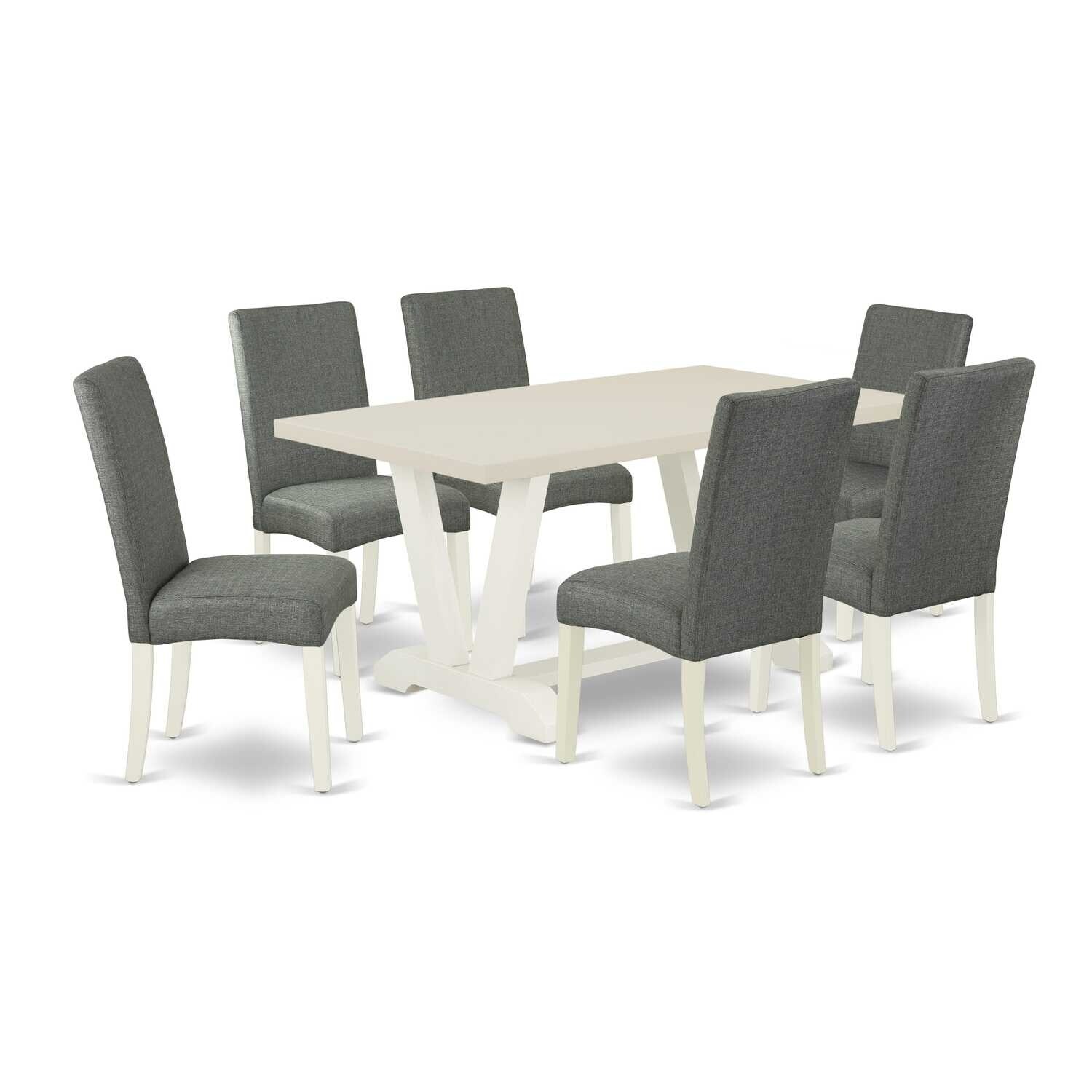 Rustic Modern Dining Set - 7 Piece Table & 6 Chairs - Hardwood Frame - Linen White & Grey Smoke - 60