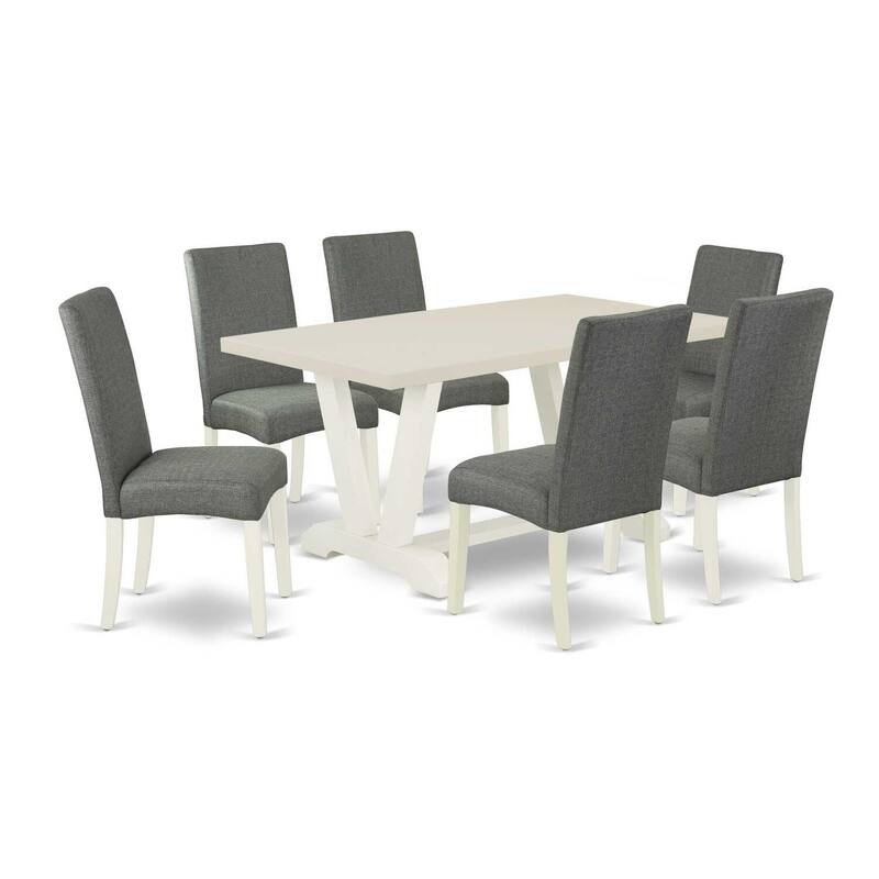 Rustic Modern Dining Set - 7 Piece Table & 6 Chairs - Hardwood Frame - Linen White & Grey Smoke - 60