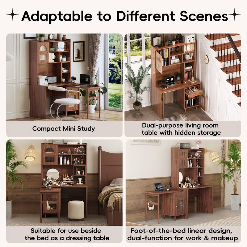 Modern 43 x 70 Inch Computer Desk with 90 Degree Rotating Desktop and Storage Drawer