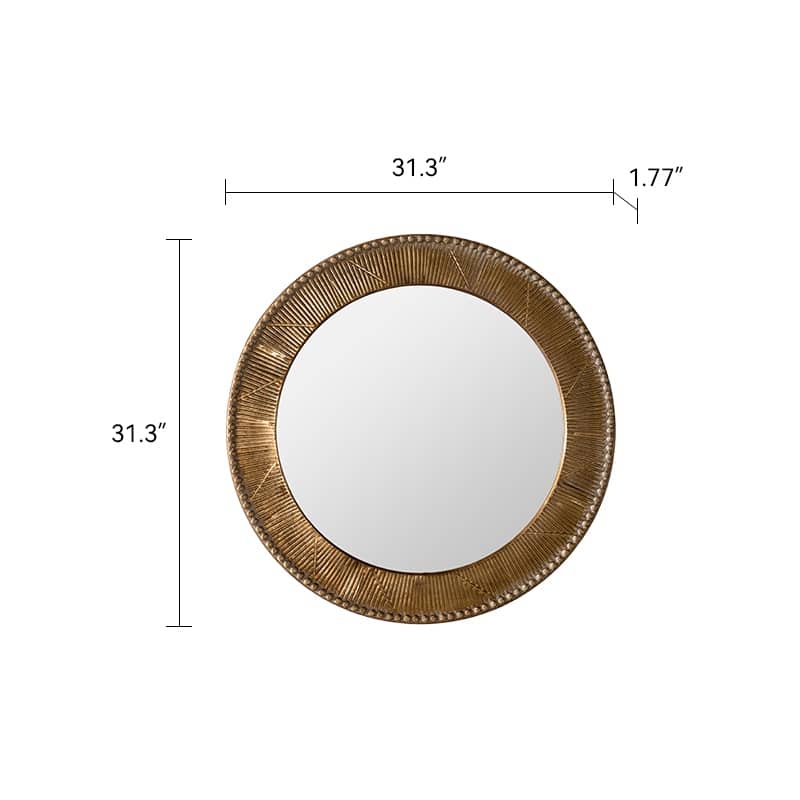 31.3" Gold Textured Round Wall Mirror - Iron Frame & MDF Back Decorative Mirror, Boho Accent Mirror - Natural Wood
