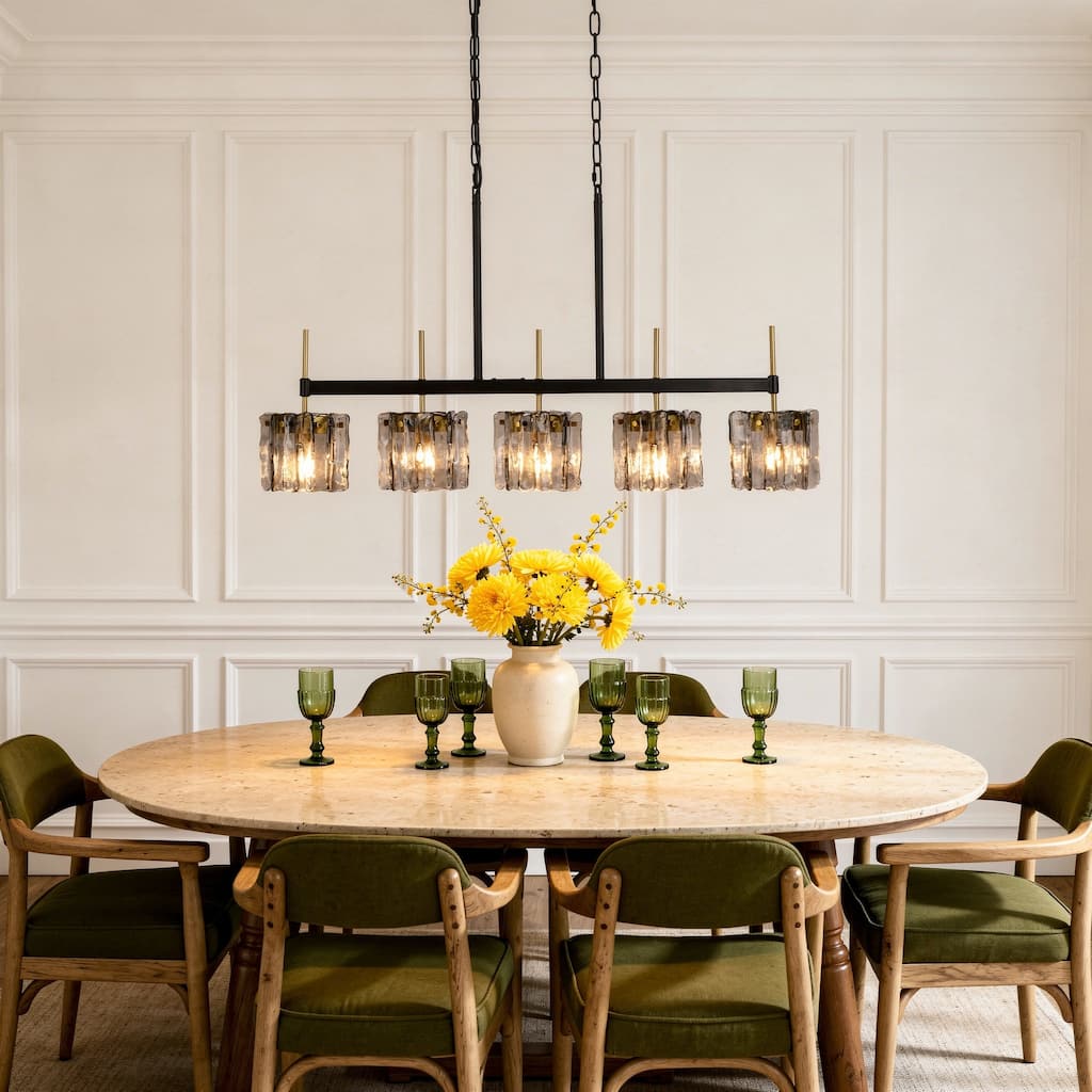 Vintage Glass Chandelier Metal Frame Adjustable Chain 5-Light Pendant.