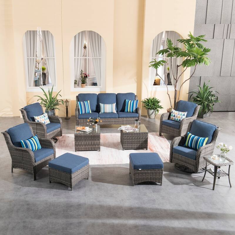 OVIOS 10-piece Patio Swivel Chair Conversation Set with tables - Denim Blue-Grey Wicker
