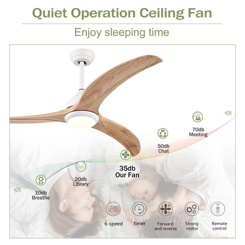 52 Inch Ceiling Fan with Light and Remote, Indoor/Outdoor Wood Ceiling Fan with 3 Blades, Noiseless Reversible DC Motor
