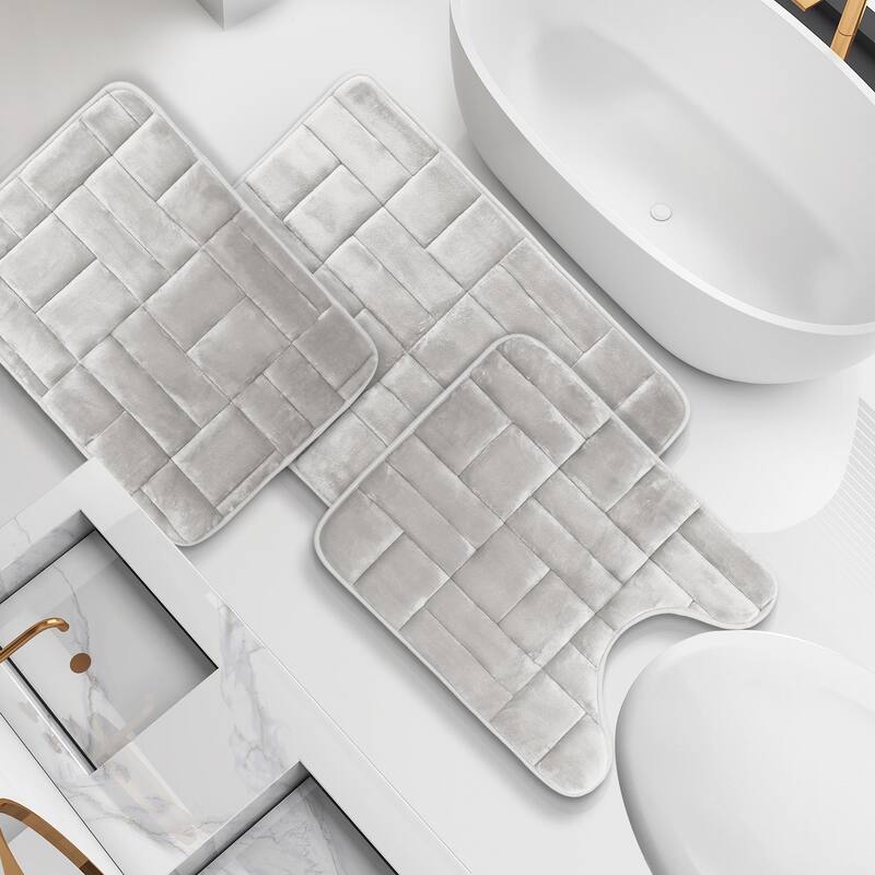Clara Clark Ultra Soft Non Slip and Absorbent Bath Rug - Tiled Velvet Memory Foam Bath Mat - Small-Large-Contour (3PK) - Silver