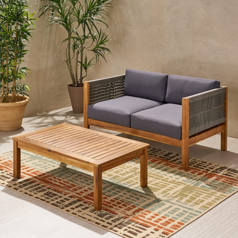2 Pieces Patio Furniture Set, All-Weather Loveseat with Wood Table