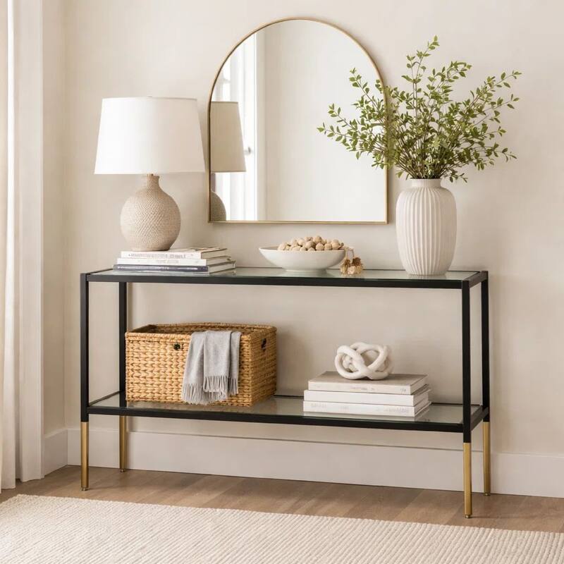 Beny Sofa Console Table, 48 Inch Glass Top, 1 Shelf, Modern Black Iron