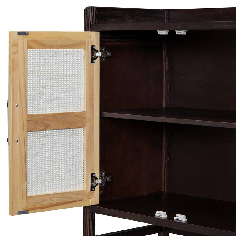 Natural Walnut Buffet Sideboard Storage Cabinet, Rattan Doors Accent Cabinet Console Table for Dining Room Living Room