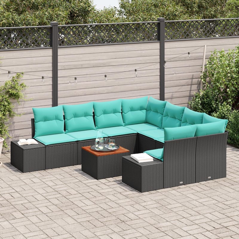vidaXL 9 Garden Sofa Set with Cushions Black/Grey Poly Rattan - 103.9 x 92.1 x 27.2