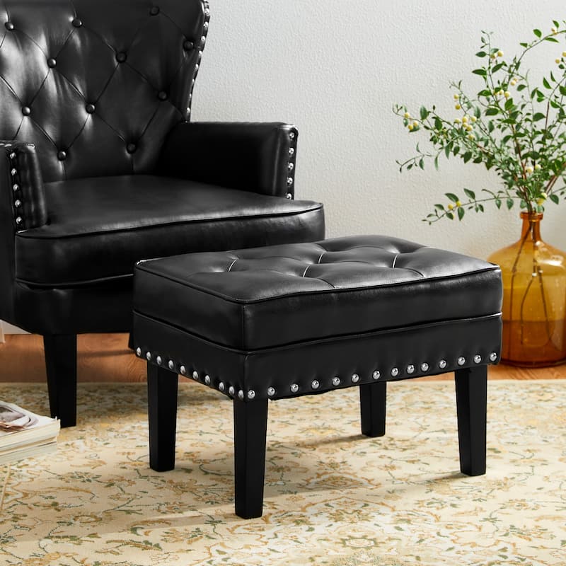 Glitzhome 22"W Mid-century PU Leather Tufted Ottoman Foot Stool