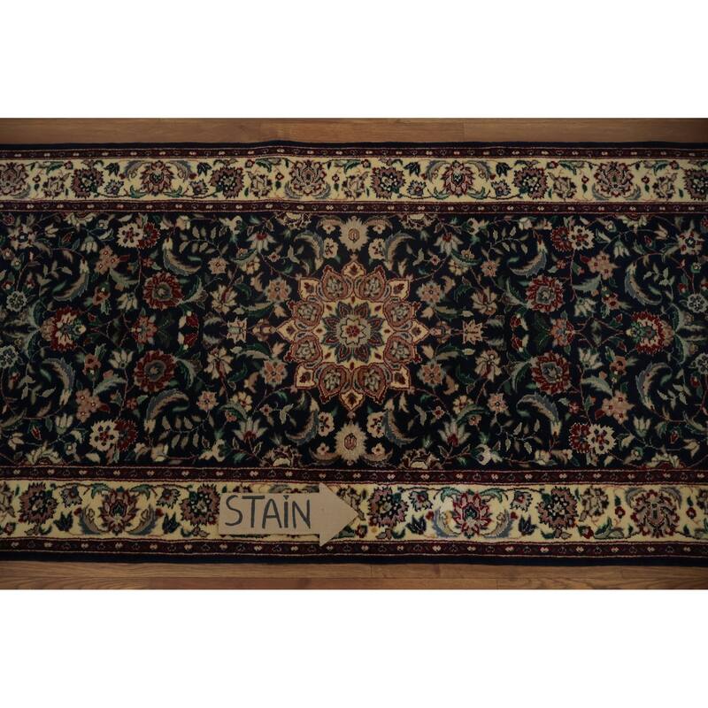 Hand Knotted Oriental 100% Wool Carpet Traditional Floral Navy Blue & Blues Kashan Runner Rug - 13' 10'' X 2' 7''
