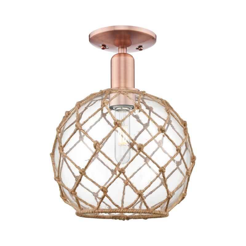 Innovations Lighting 716-1C-14-10 Farmhouse Rope Semi-Flush Farmhouse - Antique Copper / Clear Glass with Brown Rope