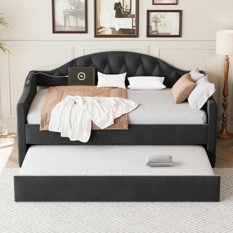 Tufted Upholstered Frame Daybed Velvet Sofa Bed with USB and Type-C Charging Ports, Twin Platform Low Profile Bed with Trundle