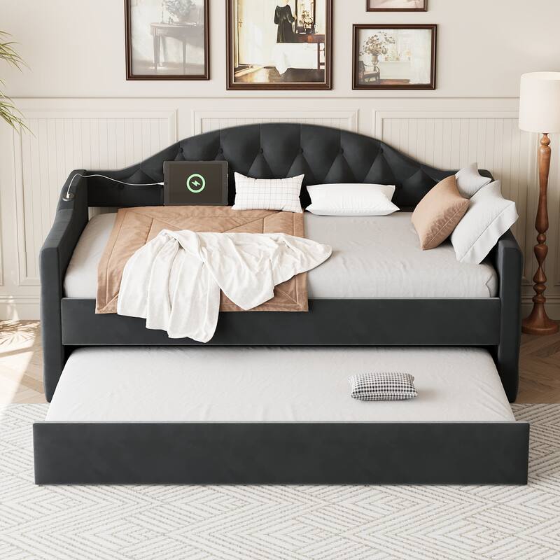 Twin Size Tufted Upholstered Daybed, Velvet Fabric Sofa Bed Frame with Trundle, Living Room Twin Daybed Frame with USB Ports