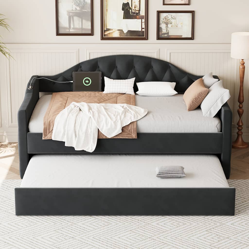 Twin Tufted Upholstered Daybed with Trundle - Velvet Sofa Bed, USB/Type-C Charging, No Box Spring Needed
