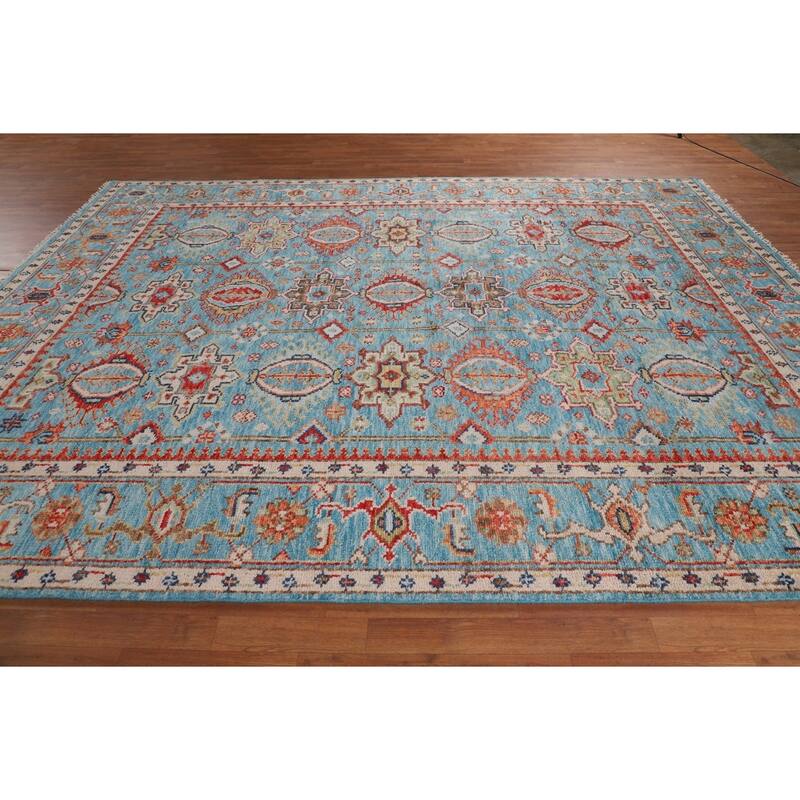 All-Over Blue Oushak Oriental Area Rug Handmade Floral Wool Carpet - 9'1"x 11'11"