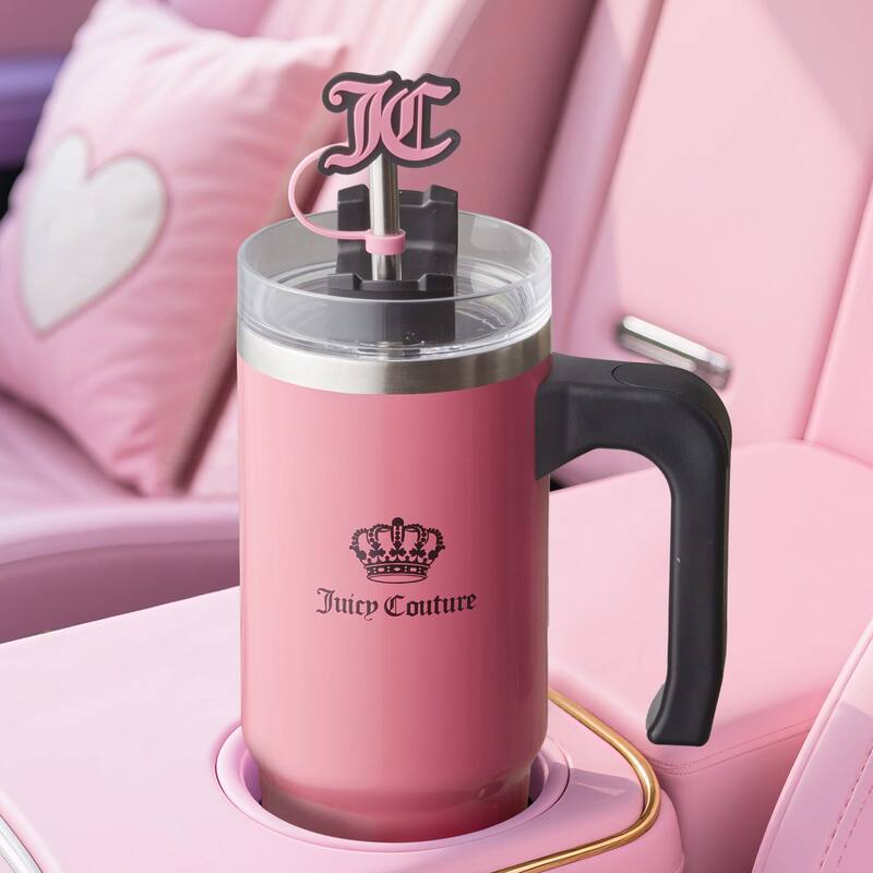 Juicy Couture Jetsetter Hydration Stainless Steel Tumbler with Handle, Straw & Topper with Neoprene Crossbody Pouch