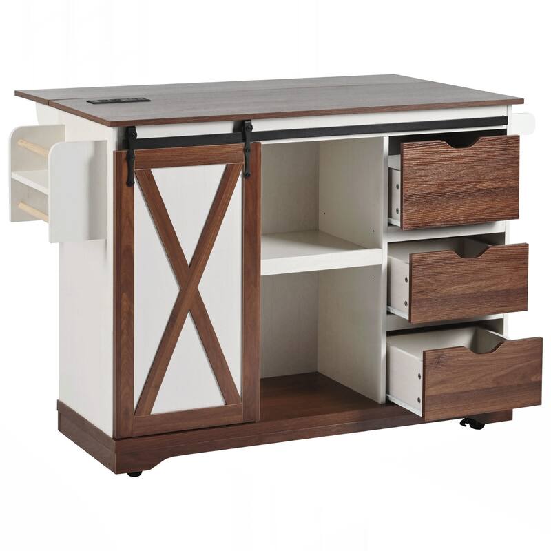 Farmhouse Kitchen Island with Drop Leaf, Kitchen Storage Island with Barn Door, Power Outlet, Rolling Kitchen Cart on Wheels