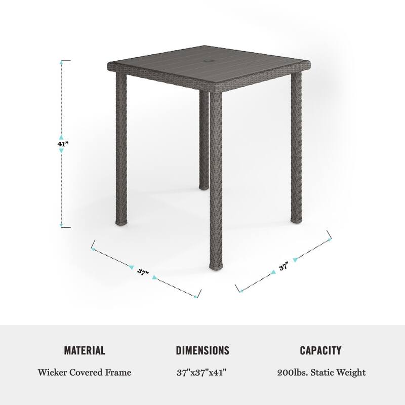 Martha Stewart Outdoor Rattan Wicker Patio Bar Table with Engineered Wood Top - 37"W x 37"D x 41"H