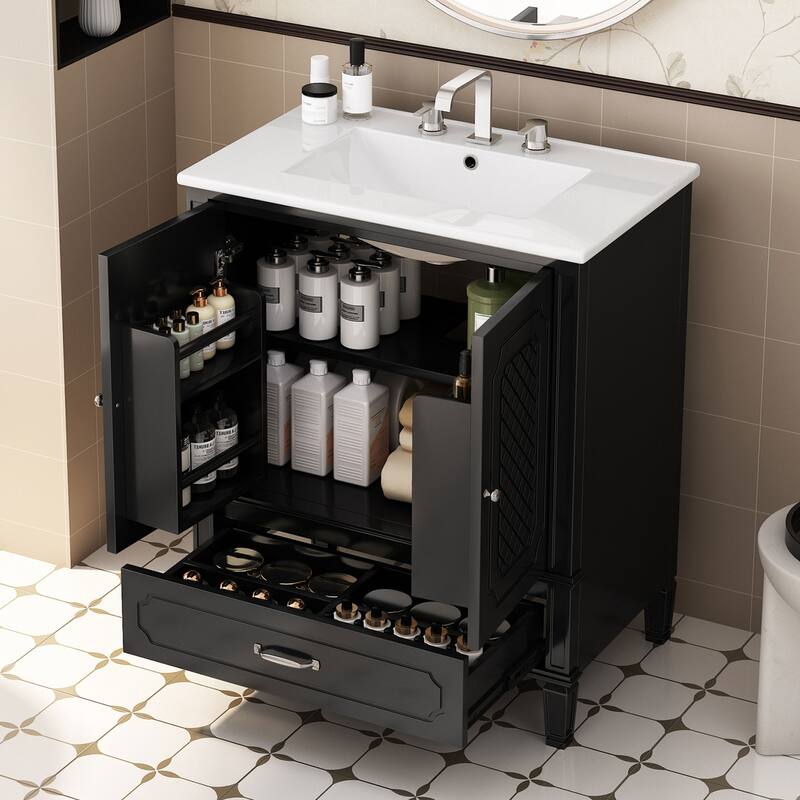 Roomfitters 30" Vintage Style Bathroom Vanity with Ceramic Sink, Customizable Storage Drawer and Soft-Close Door