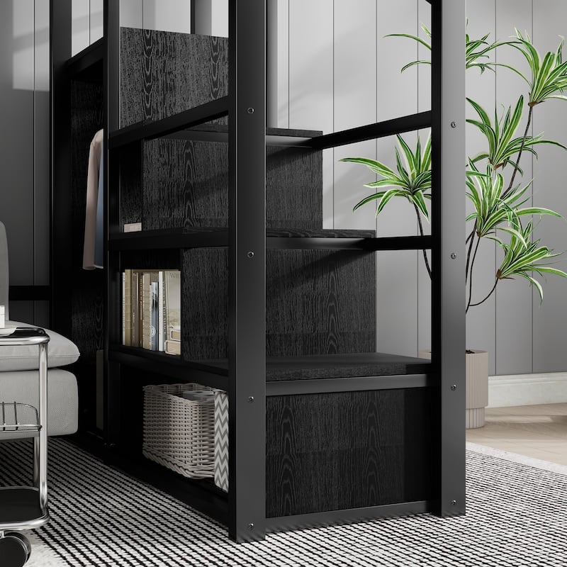 Full Size Black Loft Bed with Stairs Storage Shelves, High Loft Bed w/ Wardrobe