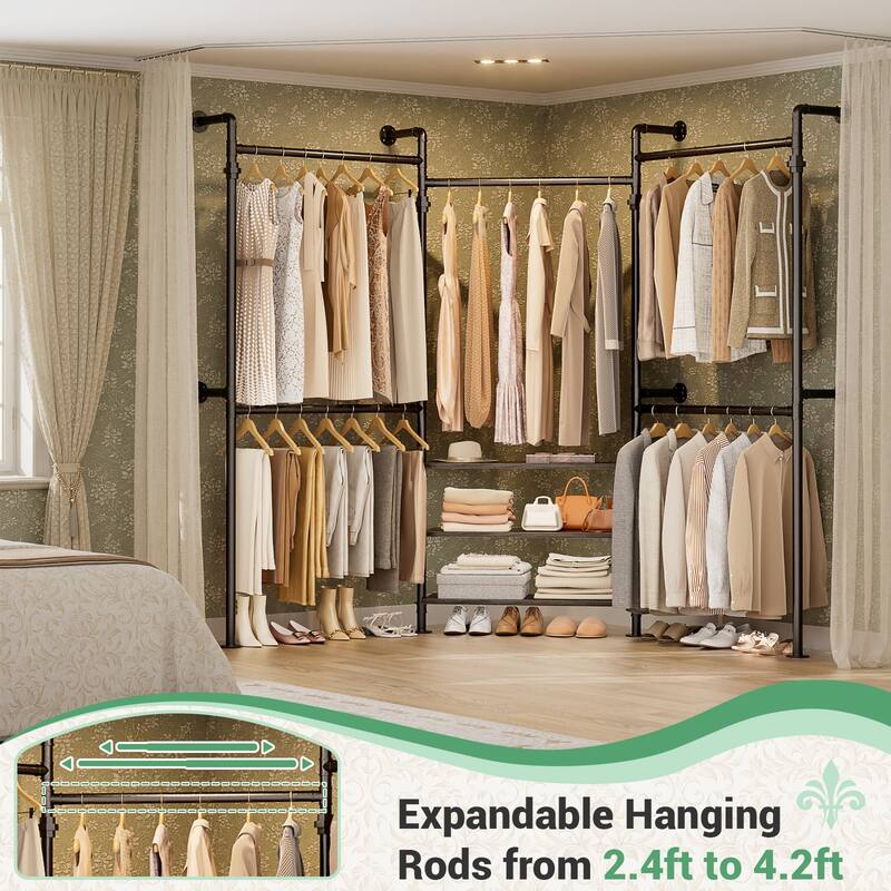 Industrial Pipe Garment Rack with Expandable Hanging Rods and Shelves,Reversible Walk-in Closet Organizer System Clothing Rack