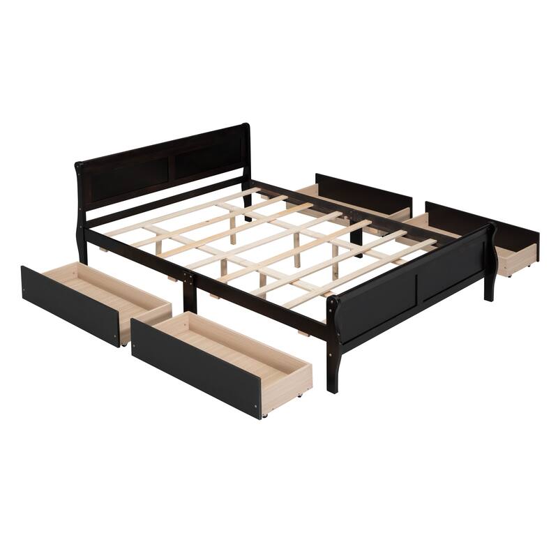Wood Platform Bed with 4 Drawers and Streamlined Headboard & Footboard