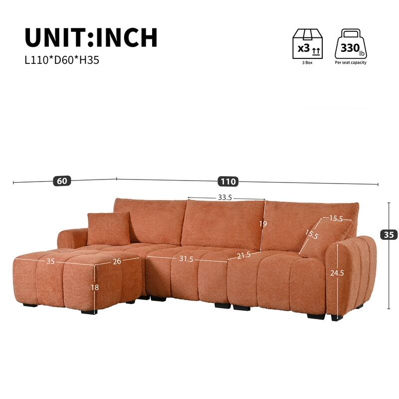 110" Modular L-Shaped Sectional Sofa with Ottoman, Boucle Fabric Couch, High Density Foam Seating