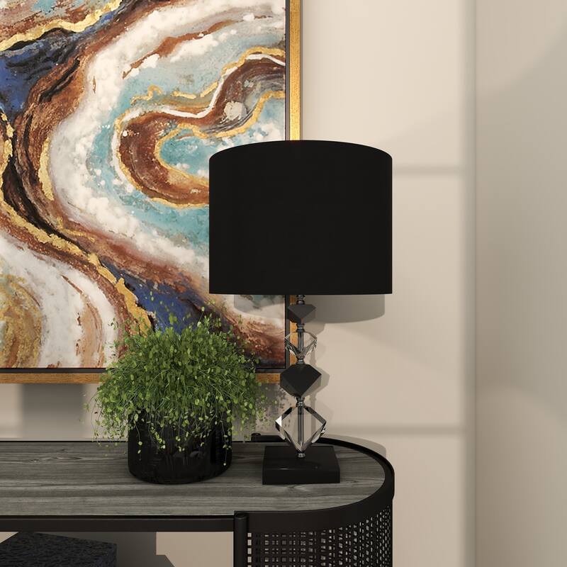 Clear Crystal Geometric Diamond Inspired Room Table Lamp with Black Crystal Base and Black Shade