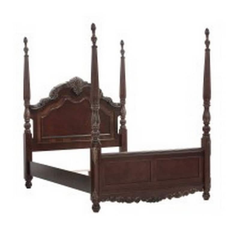 Park Queen Size Poster Bed with Shell Motifs and Burl Inlays, Brown Veneer