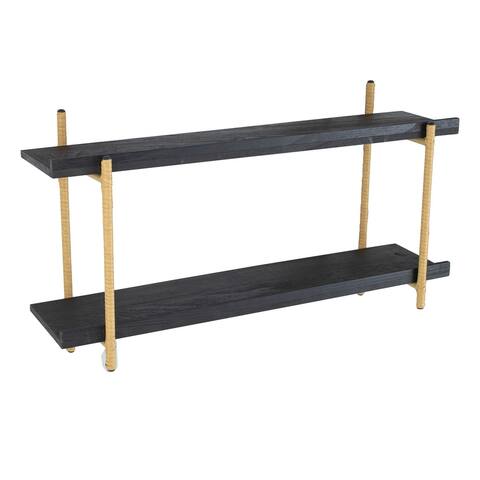 36 Inch Modern Wood Two Tier Shelf, Rattan Braiding, Black, Gold