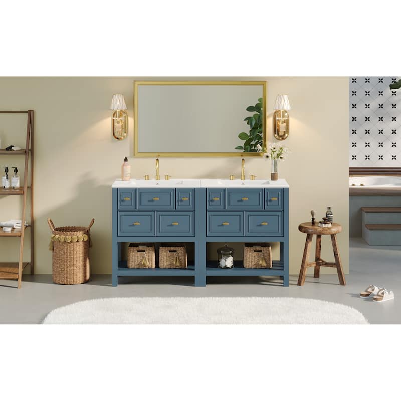 60'' Bathroom Vanity With Ceramic Sink Combo, Free Standing Single Vanity Set With 5 Drawers,Solid Wood FrameStorage Cabinet