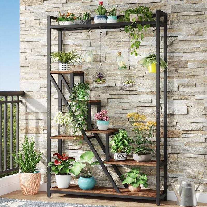 Black-Brown Particle Board Metal 7-Tier Ladder Plant Shelf Stand - 41.34 " x 11.81" x 70.86" - Black-Brown