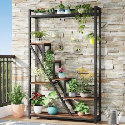 Black-Brown Particle Board Metal 7-Tier Ladder Plant Shelf Stand - 41.34 " x 11.81" x 70.86"