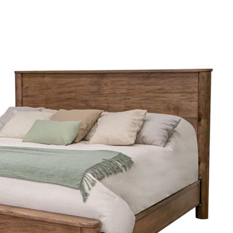 Olum Queen Size Bed, Mango Wood, Grain Details, Rounded Edges, Rustic Brown