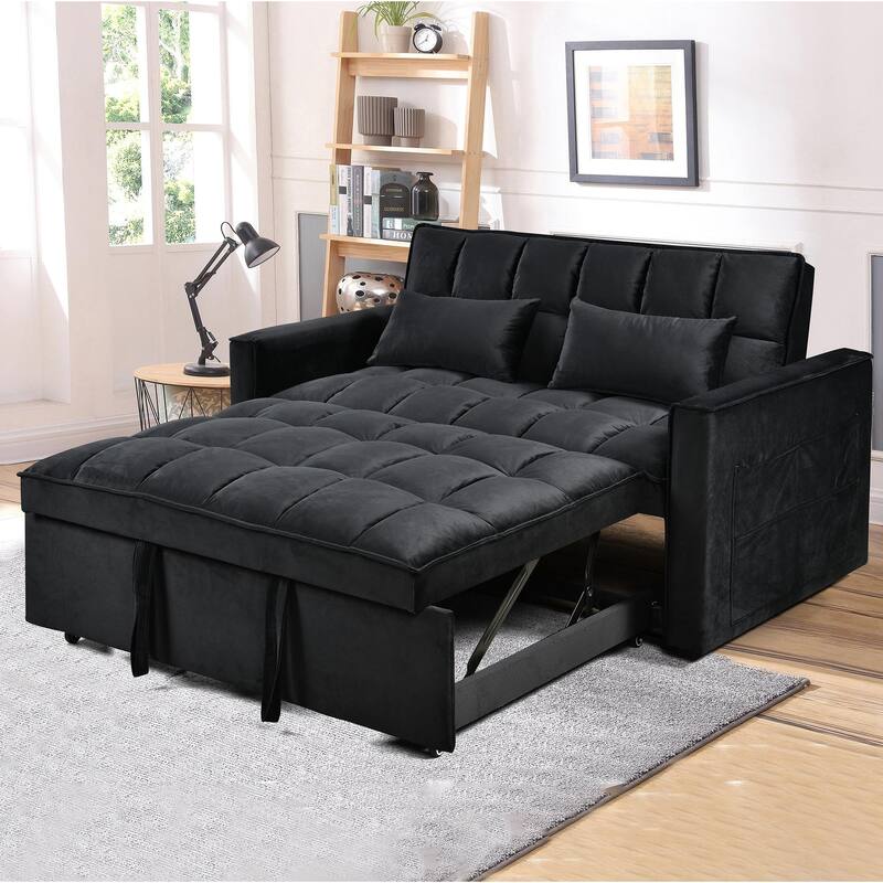 52.75" Velvet 2-Seater Sleeper Sofa with Curved Back & Cotton Padding - Black