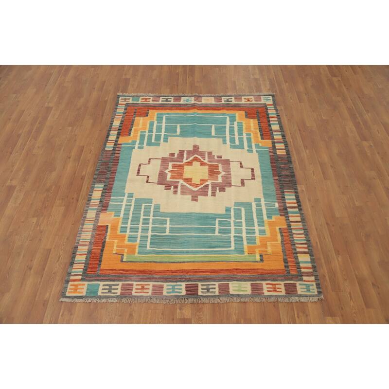 Hand Woven Oriental 100% Wool Carpet Southwestern Medallion Navy Blue & Blues Kilim Area Rug - 6' 9'' X 5' 0''