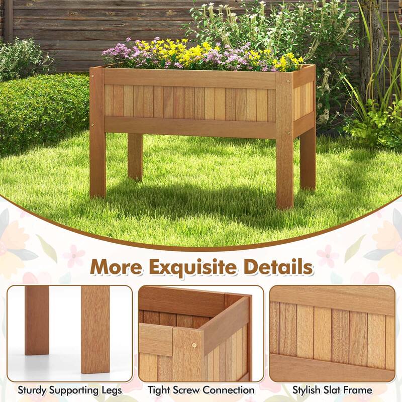 Costway Wooden Elevated Planter Box with Solid Wood Frame & Sturdy - Nature Teak Color - See Details