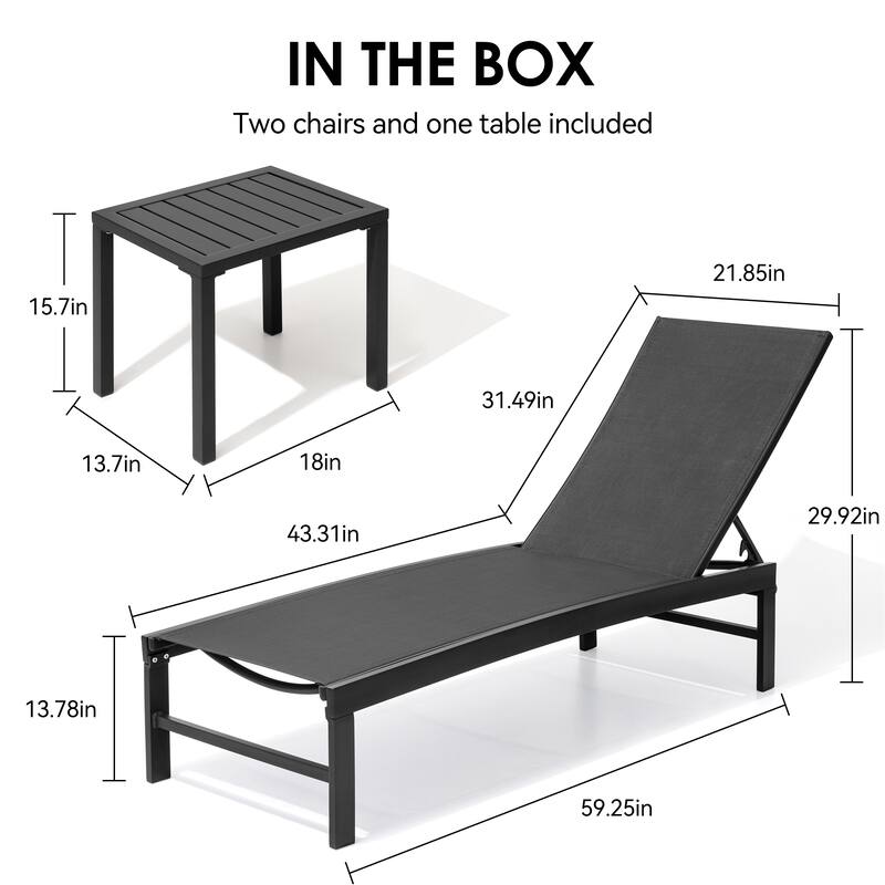 3-Piece Outdoor Loungers Patio Chaise Lounge Chairs Set with Side Table