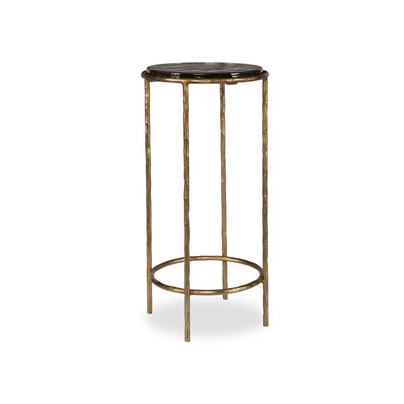 Hex Accent Table, 12 Inch Round Recycled Glass Top, Gold Iron Frame