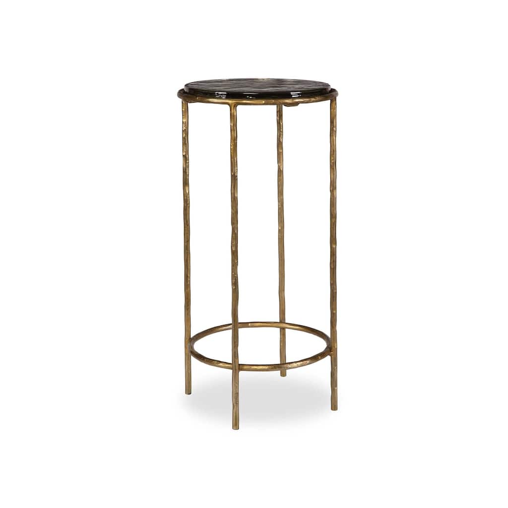 Hex Accent Table, 12 Inch Round Recycled Glass Top, Gold Iron Frame
