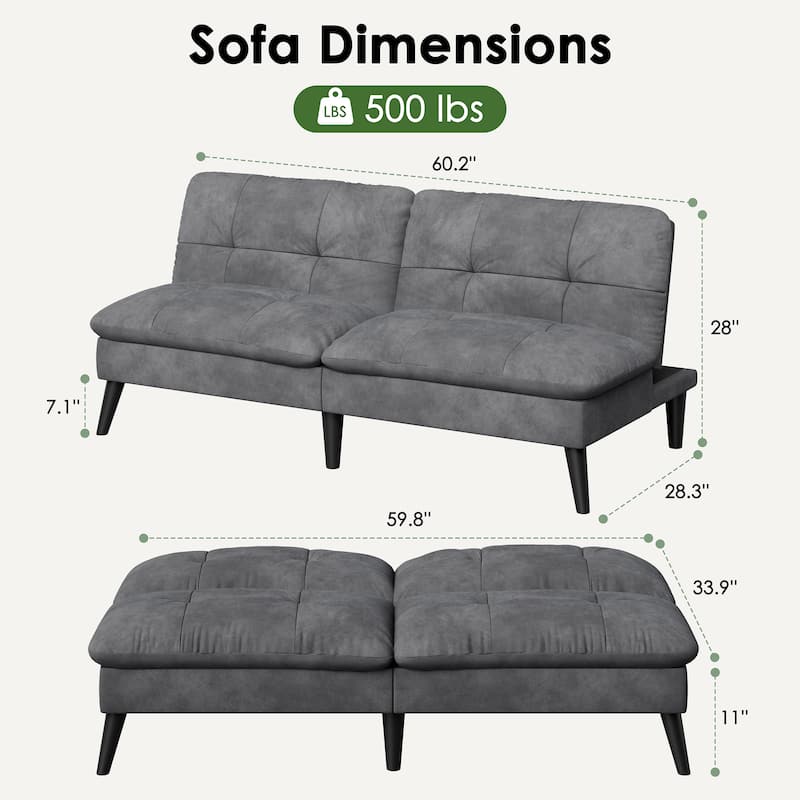 60'' Velvet Futon Sofa Bed with Adjustable Backrest