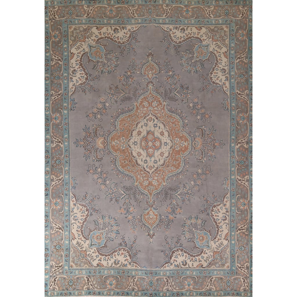 Gray Tabriz Persian Vintage Rug Hand-Knotted Floral Wool Carpet - 9'6"x 12'6"