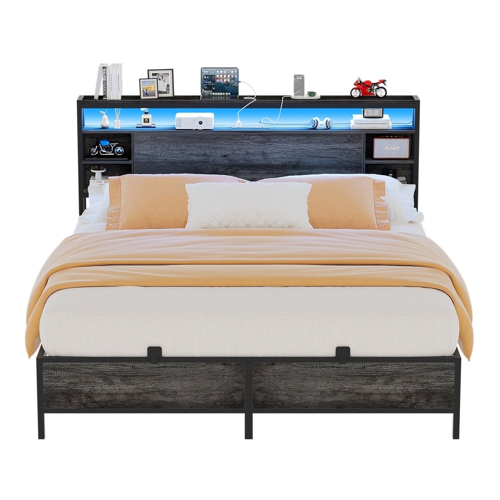 Bed Frame with Charging Station and RGB LED Lights, Sturdy Platform Bed with Storage Headboard,