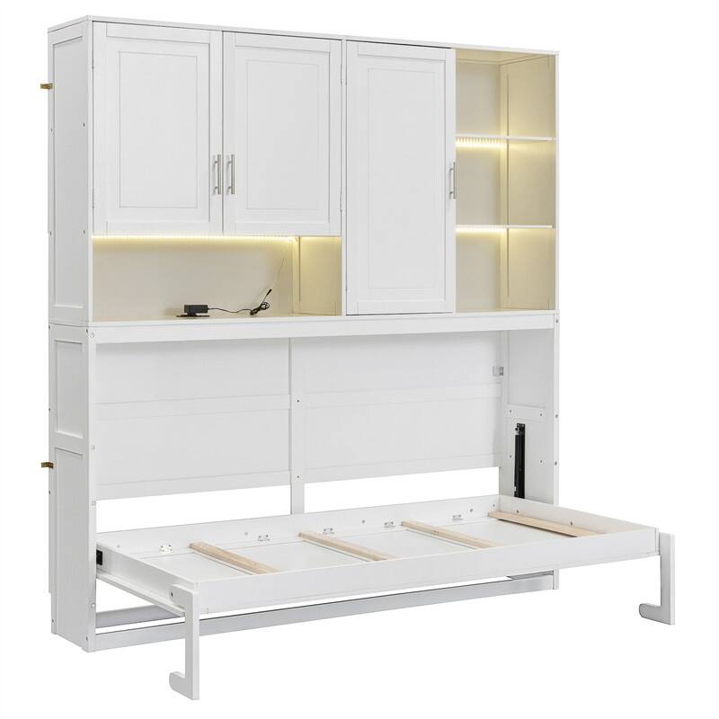 Twin Size Murphy Bed Wall Bed with Top Cabinet and LED Light, Space Saving Foldable Murphy Cabinet Bed w/ Storage Shelves & USB