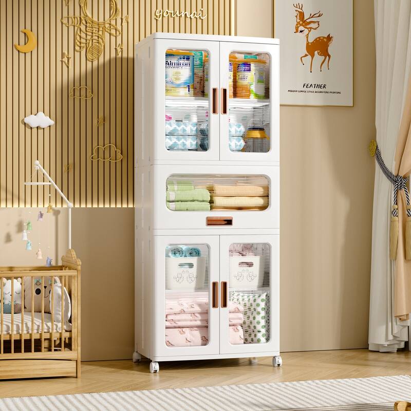 Javlergo 5-Tier Rolling Storage Cabinet White Plastic Wardrobe with Transparent Doors Locking Wheels & Drawer for Bedroom Closet