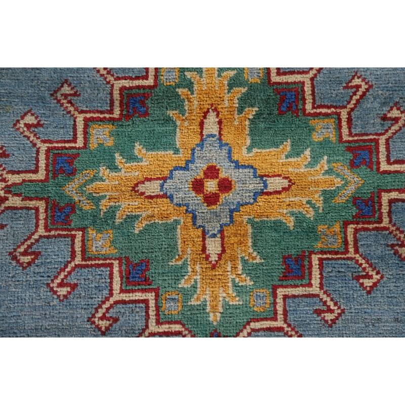 Hand Knotted Oriental 100% Wool Carpet Traditional Geometric Navy Blue & Blues Kazak Area Rug - 9' 6'' X 6' 8''