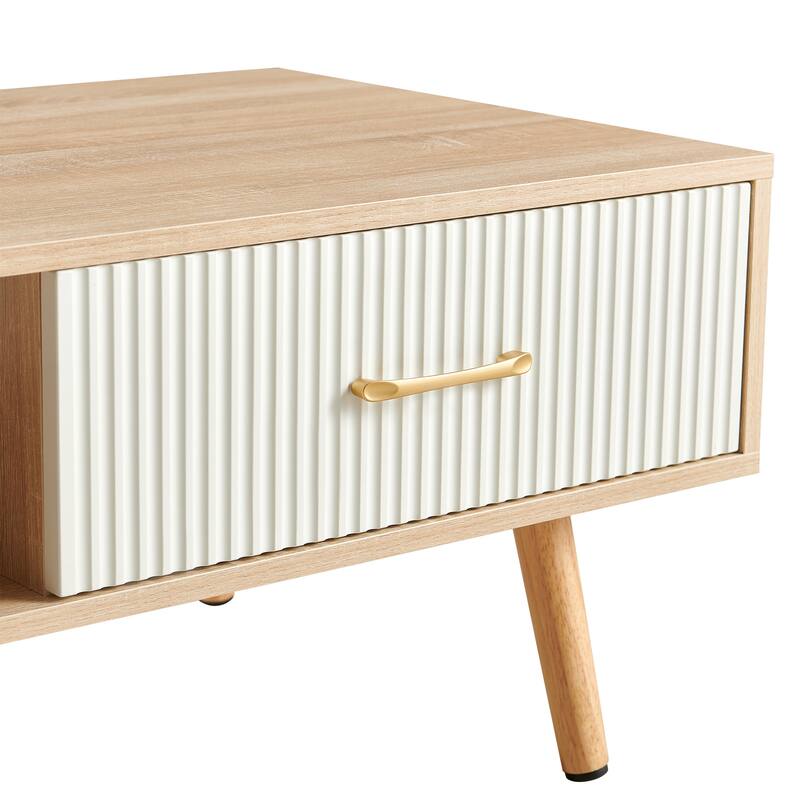 Rectangle Coffee Table with Solid Wood Legs, Sliding Drawer for Storage, Modern Table for Living Room