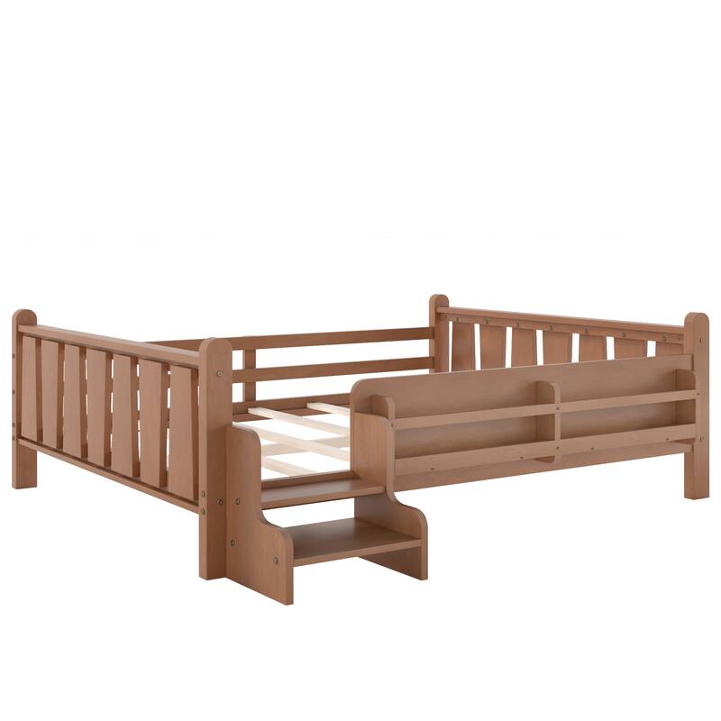 Full/Twin Floor Bed with Storage Bookcases & Cute Stairs - Solid Wood Kids Bed, No Box Spring